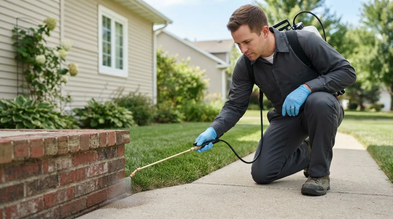 Pest control technician treating a home near Fowler, KS