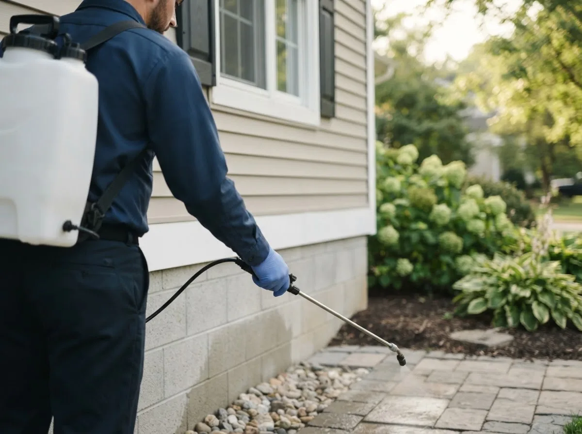 Pest control technician inspecting a home in Fowler, KS
